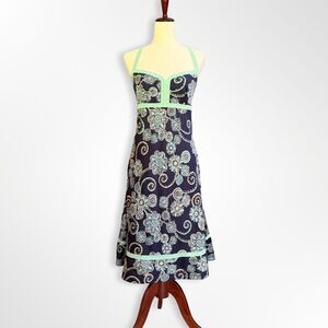 Ann Taylor Loft, Y2K Navy & Mint Paisley Floral Halter Midi Dress, 10